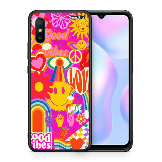 Θήκη Xiaomi Redmi 9A Hippie Love από τη Smartfits με σχέδιο στο πίσω μέρος και μαύρο περίβλημα | Xiaomi Redmi 9A Hippie Love case with colorful back and black bezels