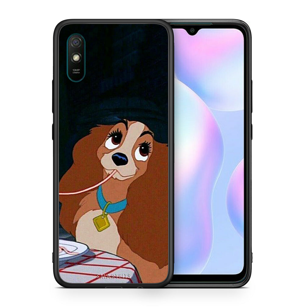 Θήκη Αγίου Βαλεντίνου Xiaomi Redmi 9A Lady And Tramp 2 από τη Smartfits με σχέδιο στο πίσω μέρος και μαύρο περίβλημα | Xiaomi Redmi 9A Lady And Tramp 2 case with colorful back and black bezels