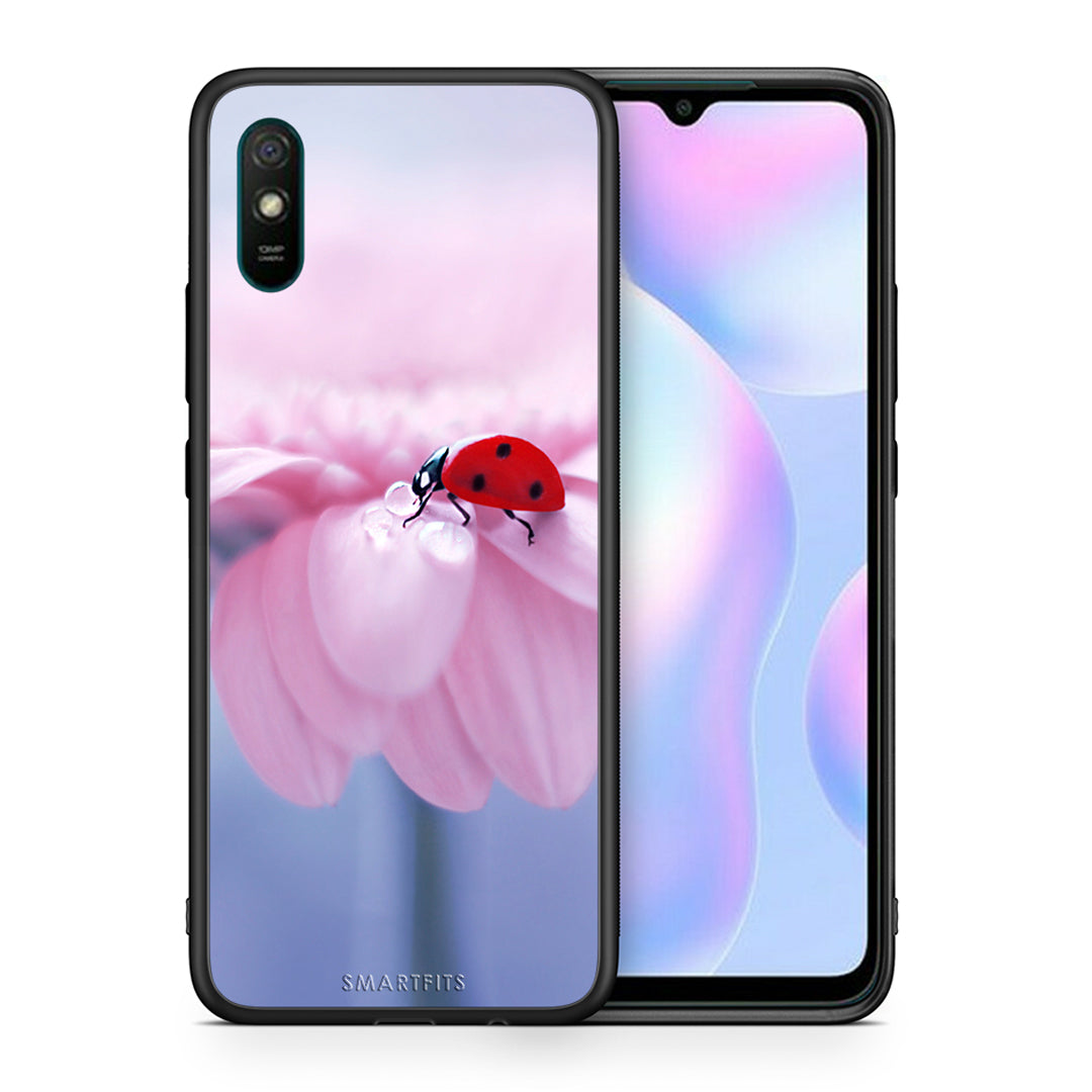 Θήκη Xiaomi Redmi 9A Ladybug Flower από τη Smartfits με σχέδιο στο πίσω μέρος και μαύρο περίβλημα | Xiaomi Redmi 9A Ladybug Flower case with colorful back and black bezels