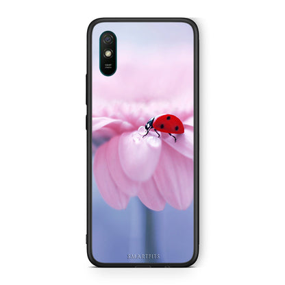 Xiaomi Redmi 9A Ladybug Flower θήκη από τη Smartfits με σχέδιο στο πίσω μέρος και μαύρο περίβλημα | Smartphone case with colorful back and black bezels by Smartfits