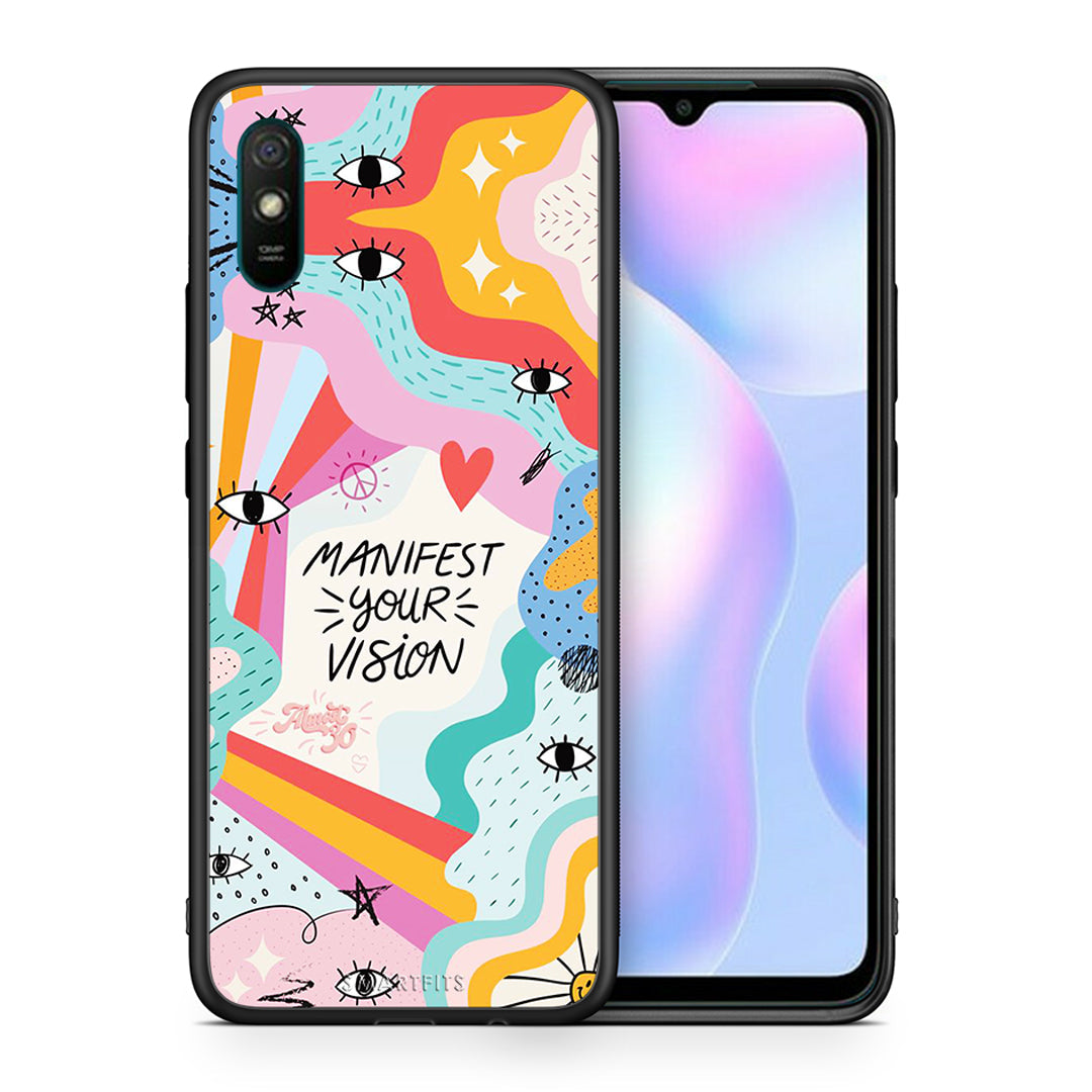 Θήκη Xiaomi Redmi 9A Manifest Your Vision από τη Smartfits με σχέδιο στο πίσω μέρος και μαύρο περίβλημα | Xiaomi Redmi 9A Manifest Your Vision case with colorful back and black bezels