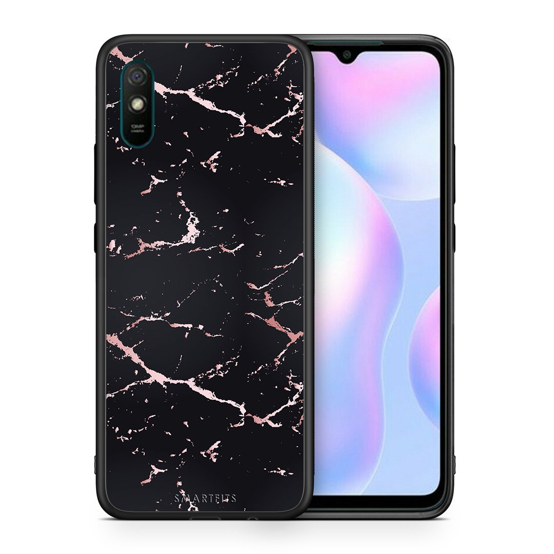 Θήκη Xiaomi Redmi 9A Black Rosegold Marble από τη Smartfits με σχέδιο στο πίσω μέρος και μαύρο περίβλημα | Xiaomi Redmi 9A Black Rosegold Marble case with colorful back and black bezels