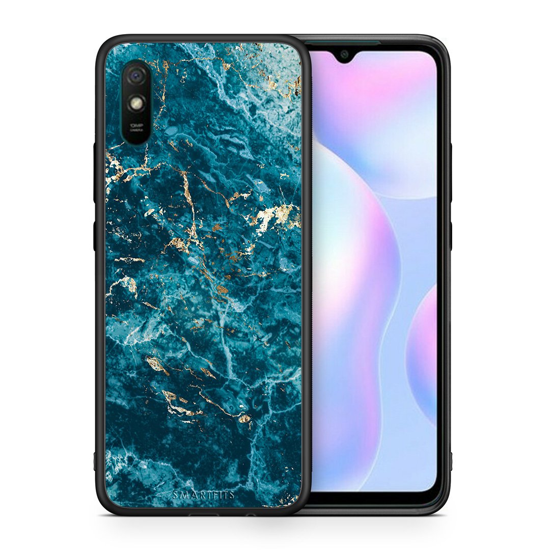 Θήκη Xiaomi Redmi 9A Marble Blue από τη Smartfits με σχέδιο στο πίσω μέρος και μαύρο περίβλημα | Xiaomi Redmi 9A Marble Blue case with colorful back and black bezels