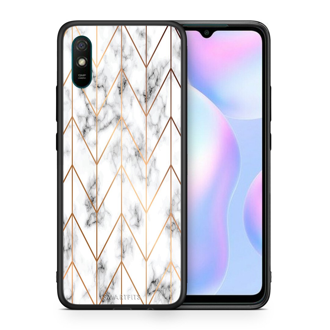 Θήκη Xiaomi Redmi 9A Gold Geometric Marble από τη Smartfits με σχέδιο στο πίσω μέρος και μαύρο περίβλημα | Xiaomi Redmi 9A Gold Geometric Marble case with colorful back and black bezels
