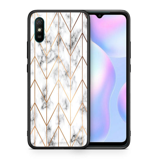 Θήκη Xiaomi Redmi 9A Gold Geometric Marble από τη Smartfits με σχέδιο στο πίσω μέρος και μαύρο περίβλημα | Xiaomi Redmi 9A Gold Geometric Marble case with colorful back and black bezels