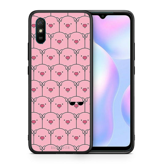 Θήκη Xiaomi Redmi 9A Pig Glasses από τη Smartfits με σχέδιο στο πίσω μέρος και μαύρο περίβλημα | Xiaomi Redmi 9A Pig Glasses case with colorful back and black bezels