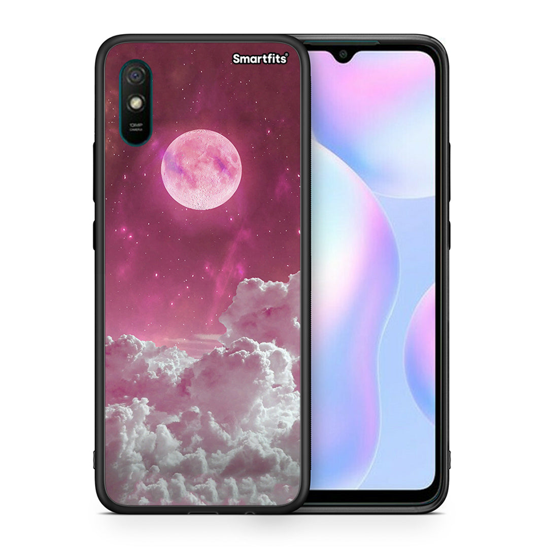 Θήκη Xiaomi Redmi 9A Pink Moon από τη Smartfits με σχέδιο στο πίσω μέρος και μαύρο περίβλημα | Xiaomi Redmi 9A Pink Moon case with colorful back and black bezels
