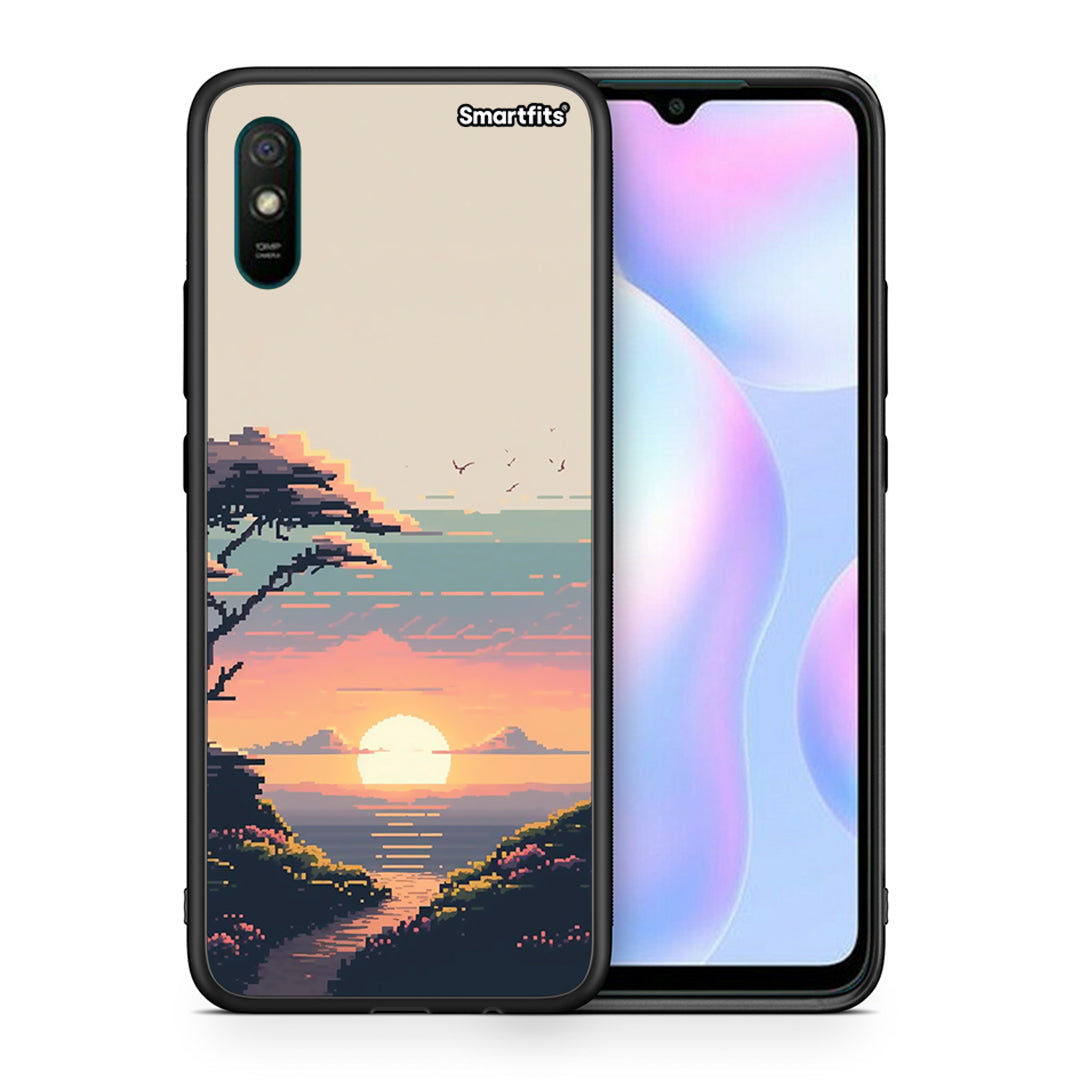 Θήκη Xiaomi Redmi 9A Pixel Sunset από τη Smartfits με σχέδιο στο πίσω μέρος και μαύρο περίβλημα | Xiaomi Redmi 9A Pixel Sunset case with colorful back and black bezels