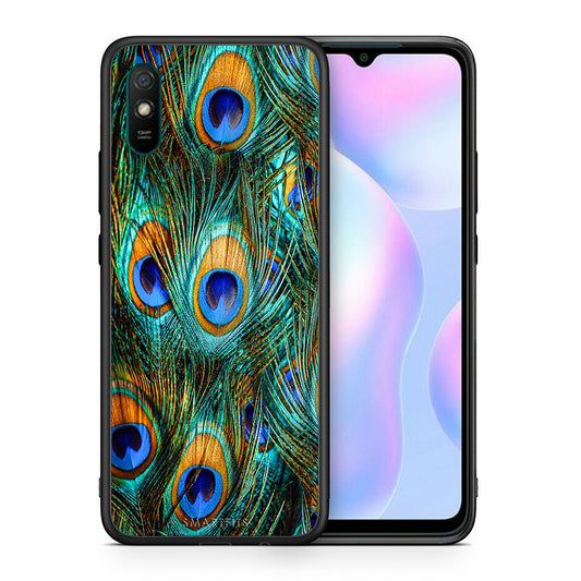 Θήκη Xiaomi Redmi 9A Real Peacock Feathers από τη Smartfits με σχέδιο στο πίσω μέρος και μαύρο περίβλημα | Xiaomi Redmi 9A Real Peacock Feathers case with colorful back and black bezels