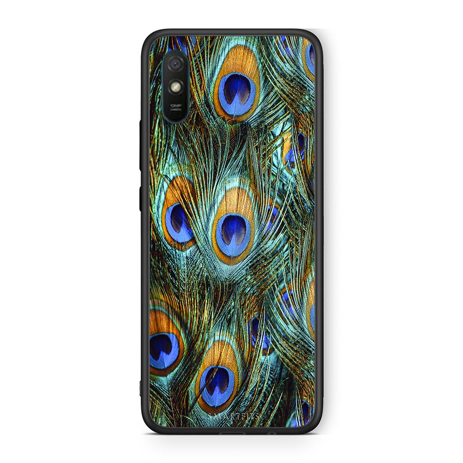 Xiaomi Redmi 9A Real Peacock Feathers θήκη από τη Smartfits με σχέδιο στο πίσω μέρος και μαύρο περίβλημα | Smartphone case with colorful back and black bezels by Smartfits