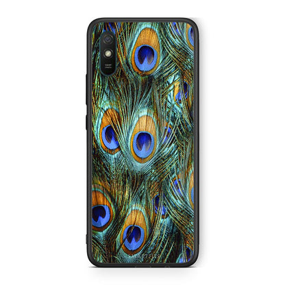 Xiaomi Redmi 9A Real Peacock Feathers θήκη από τη Smartfits με σχέδιο στο πίσω μέρος και μαύρο περίβλημα | Smartphone case with colorful back and black bezels by Smartfits