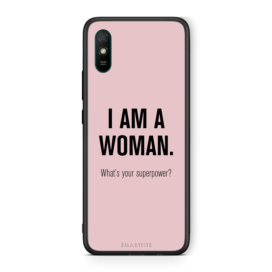 Xiaomi Redmi 9A Superpower Woman θήκη από τη Smartfits με σχέδιο στο πίσω μέρος και μαύρο περίβλημα | Smartphone case with colorful back and black bezels by Smartfits