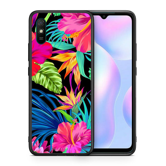 Θήκη Xiaomi Redmi 9A Tropical Flowers από τη Smartfits με σχέδιο στο πίσω μέρος και μαύρο περίβλημα | Xiaomi Redmi 9A Tropical Flowers case with colorful back and black bezels