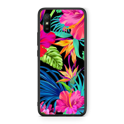 Xiaomi Redmi 9A Tropical Flowers θήκη από τη Smartfits με σχέδιο στο πίσω μέρος και μαύρο περίβλημα | Smartphone case with colorful back and black bezels by Smartfits