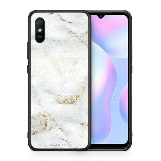 Θήκη Xiaomi Redmi 9A White Gold Marble από τη Smartfits με σχέδιο στο πίσω μέρος και μαύρο περίβλημα | Xiaomi Redmi 9A White Gold Marble case with colorful back and black bezels