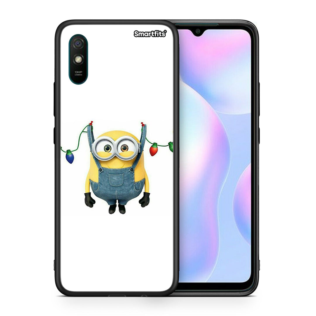 Θήκη Xiaomi Redmi 9A Xmas Minion Lights από τη Smartfits με σχέδιο στο πίσω μέρος και μαύρο περίβλημα | Xiaomi Redmi 9A Xmas Minion Lights case with colorful back and black bezels