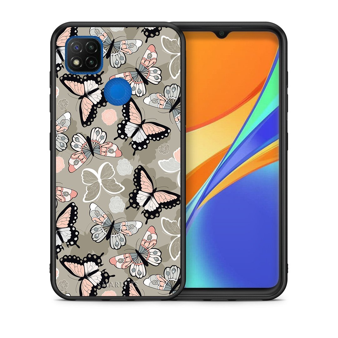 Θήκη Xiaomi Redmi 9C Butterflies Boho από τη Smartfits με σχέδιο στο πίσω μέρος και μαύρο περίβλημα | Xiaomi Redmi 9C Butterflies Boho case with colorful back and black bezels