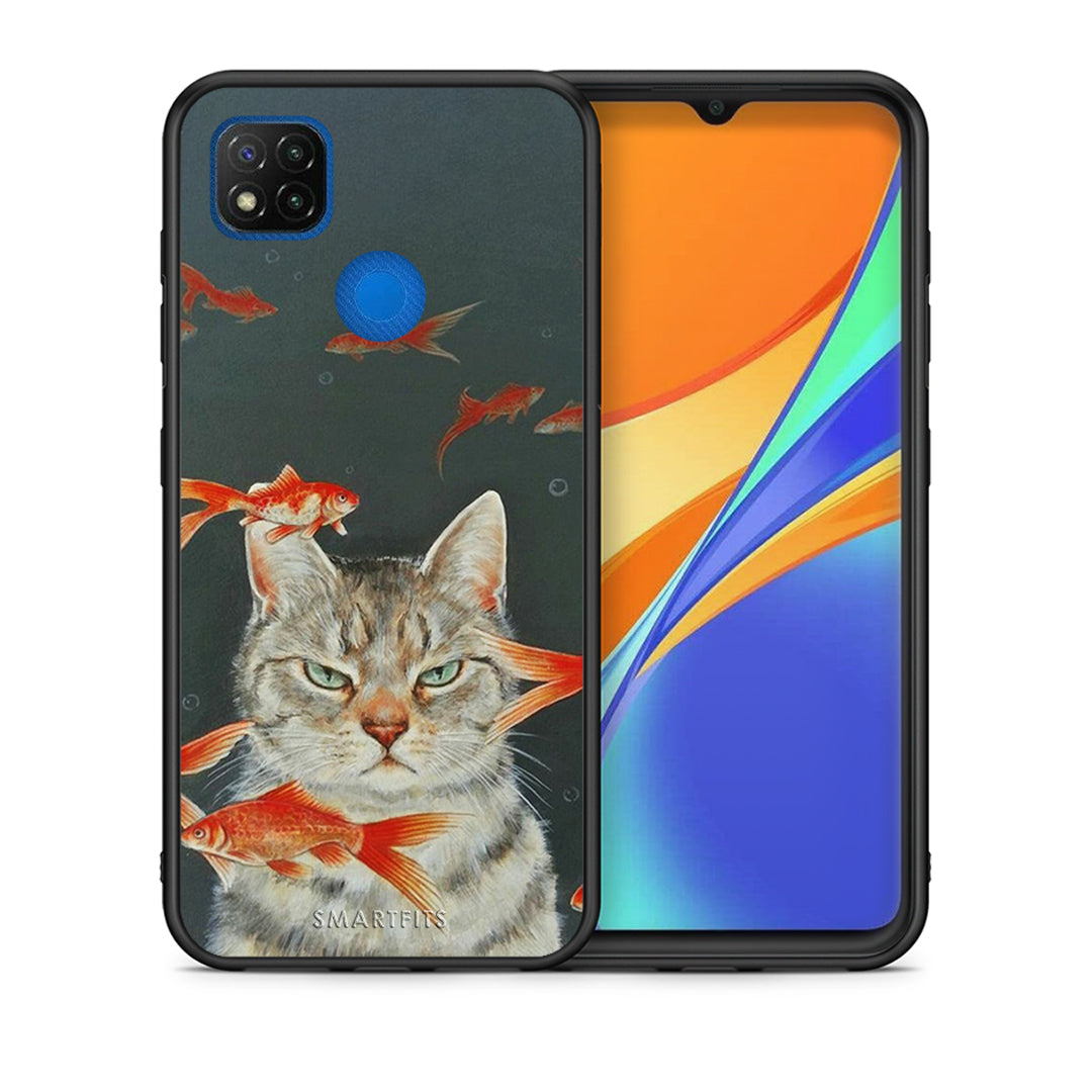 Θήκη Xiaomi Redmi 9C Cat Goldfish από τη Smartfits με σχέδιο στο πίσω μέρος και μαύρο περίβλημα | Xiaomi Redmi 9C Cat Goldfish case with colorful back and black bezels