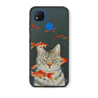 Θήκη Xiaomi Redmi 9C Cat Goldfish από τη Smartfits με σχέδιο στο πίσω μέρος και μαύρο περίβλημα | Xiaomi Redmi 9C Cat Goldfish case with colorful back and black bezels