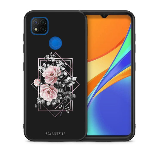 Θήκη Xiaomi Redmi 9C Frame Flower από τη Smartfits με σχέδιο στο πίσω μέρος και μαύρο περίβλημα | Xiaomi Redmi 9C Frame Flower case with colorful back and black bezels