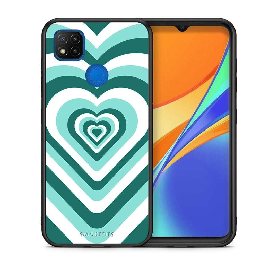 Θήκη Xiaomi Redmi 9C Green Hearts από τη Smartfits με σχέδιο στο πίσω μέρος και μαύρο περίβλημα | Xiaomi Redmi 9C Green Hearts case with colorful back and black bezels