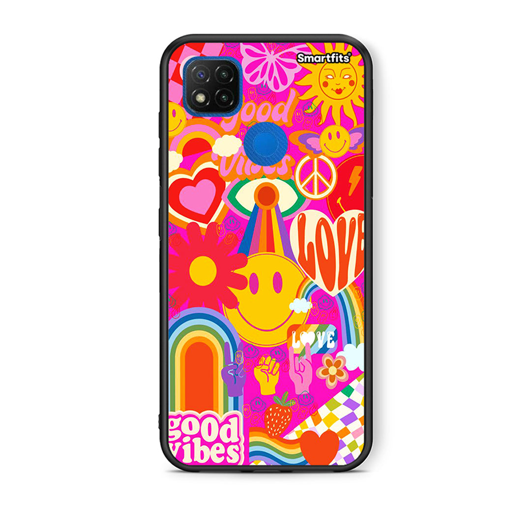 Θήκη Xiaomi Redmi 9C Hippie Love από τη Smartfits με σχέδιο στο πίσω μέρος και μαύρο περίβλημα | Xiaomi Redmi 9C Hippie Love case with colorful back and black bezels