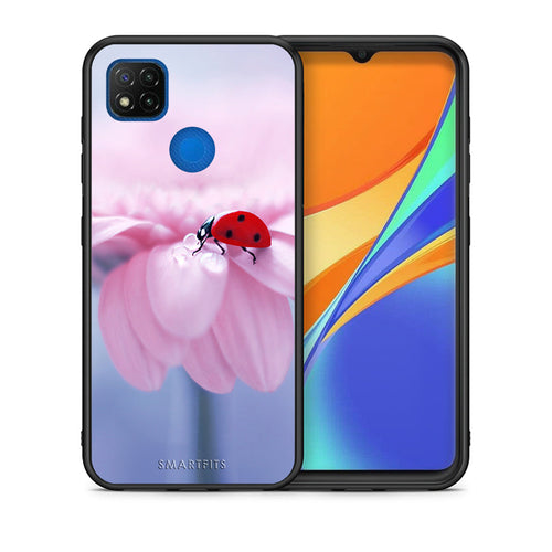 Θήκη Xiaomi Redmi 9C Ladybug Flower από τη Smartfits με σχέδιο στο πίσω μέρος και μαύρο περίβλημα | Xiaomi Redmi 9C Ladybug Flower case with colorful back and black bezels
