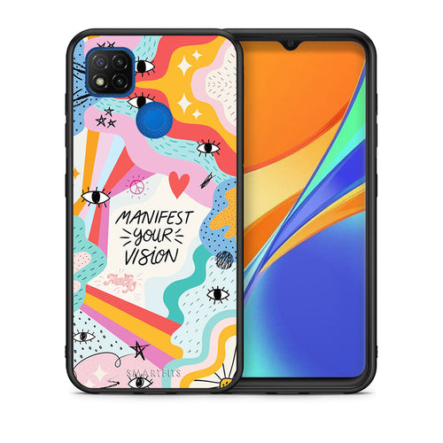 Θήκη Xiaomi Redmi 9C Manifest Your Vision από τη Smartfits με σχέδιο στο πίσω μέρος και μαύρο περίβλημα | Xiaomi Redmi 9C Manifest Your Vision case with colorful back and black bezels