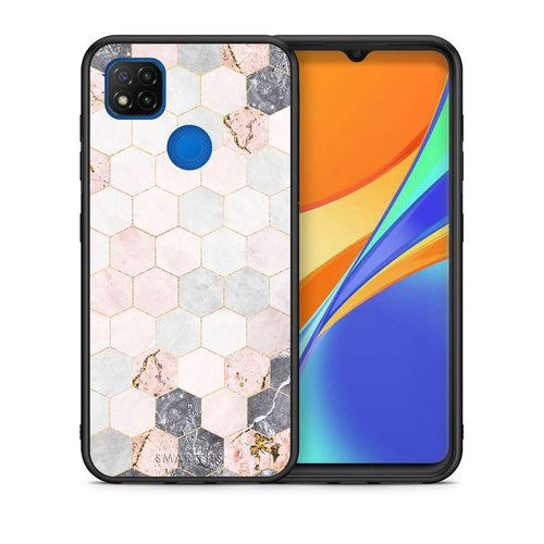 Θήκη Xiaomi Redmi 9C Hexagon Pink Marble από τη Smartfits με σχέδιο στο πίσω μέρος και μαύρο περίβλημα | Xiaomi Redmi 9C Hexagon Pink Marble case with colorful back and black bezels