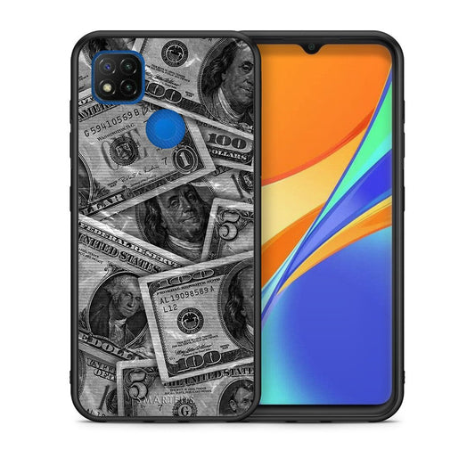 Θήκη Xiaomi Redmi 9C Money Dollars από τη Smartfits με σχέδιο στο πίσω μέρος και μαύρο περίβλημα | Xiaomi Redmi 9C Money Dollars case with colorful back and black bezels