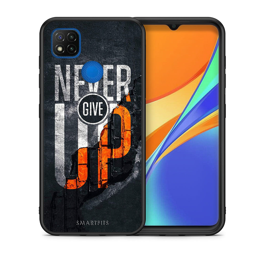 Θήκη Αγίου Βαλεντίνου Xiaomi Redmi 9C Never Give Up από τη Smartfits με σχέδιο στο πίσω μέρος και μαύρο περίβλημα | Xiaomi Redmi 9C Never Give Up case with colorful back and black bezels
