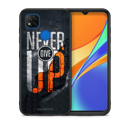 Θήκη Αγίου Βαλεντίνου Xiaomi Redmi 9C Never Give Up από τη Smartfits με σχέδιο στο πίσω μέρος και μαύρο περίβλημα | Xiaomi Redmi 9C Never Give Up case with colorful back and black bezels