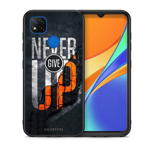 Θήκη Αγίου Βαλεντίνου Xiaomi Redmi 9C Never Give Up από τη Smartfits με σχέδιο στο πίσω μέρος και μαύρο περίβλημα | Xiaomi Redmi 9C Never Give Up case with colorful back and black bezels