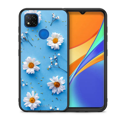 Θήκη Xiaomi Redmi 9C Real Daisies από τη Smartfits με σχέδιο στο πίσω μέρος και μαύρο περίβλημα | Xiaomi Redmi 9C Real Daisies case with colorful back and black bezels