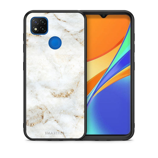 Θήκη Xiaomi Redmi 9C White Gold Marble από τη Smartfits με σχέδιο στο πίσω μέρος και μαύρο περίβλημα | Xiaomi Redmi 9C White Gold Marble case with colorful back and black bezels