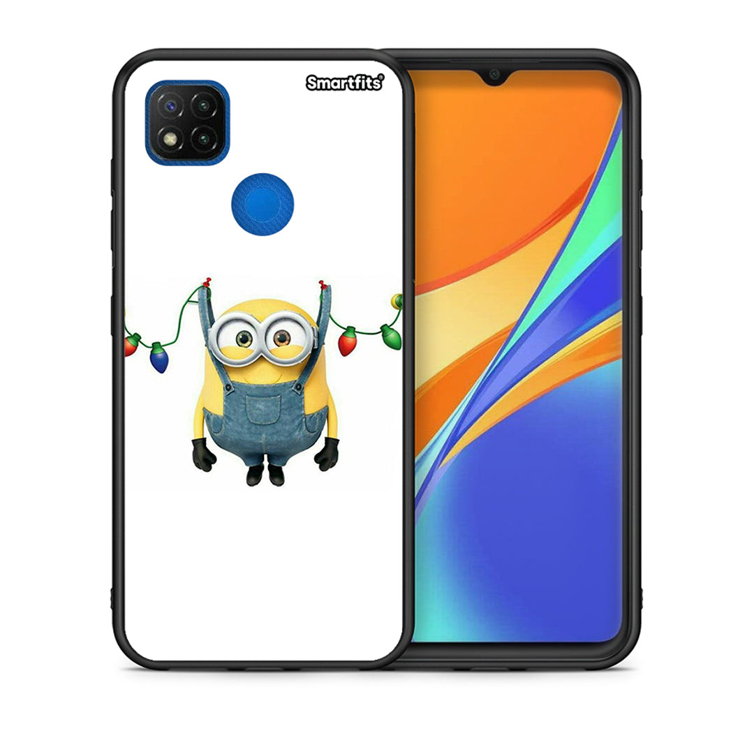 Θήκη Xiaomi Redmi 9C Xmas Minion Lights από τη Smartfits με σχέδιο στο πίσω μέρος και μαύρο περίβλημα | Xiaomi Redmi 9C Xmas Minion Lights case with colorful back and black bezels