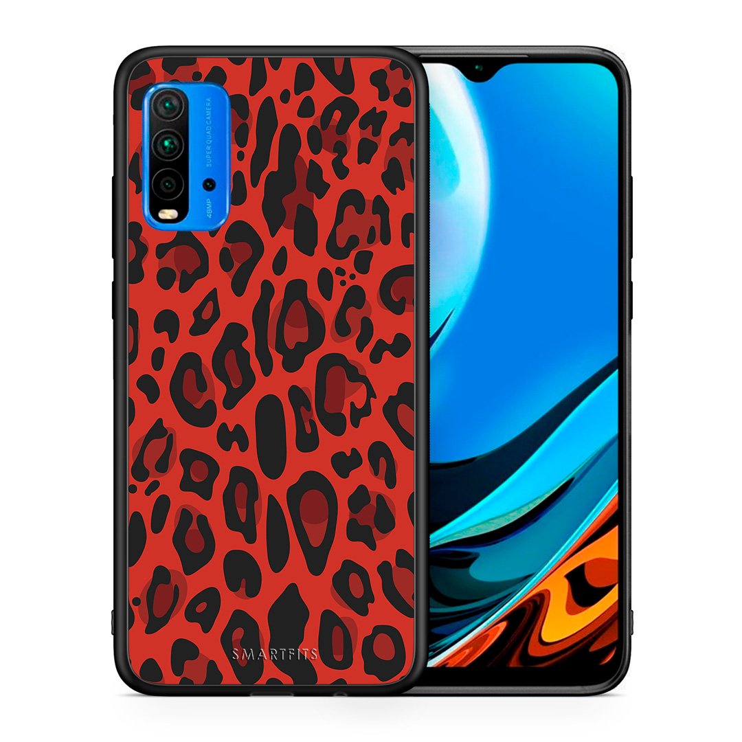 Θήκη Xiaomi Redmi 9T Red Leopard Animal από τη Smartfits με σχέδιο στο πίσω μέρος και μαύρο περίβλημα | Xiaomi Redmi 9T Red Leopard Animal case with colorful back and black bezels