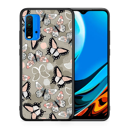 Θήκη Xiaomi Redmi 9T Butterflies Boho από τη Smartfits με σχέδιο στο πίσω μέρος και μαύρο περίβλημα | Xiaomi Redmi 9T Butterflies Boho case with colorful back and black bezels