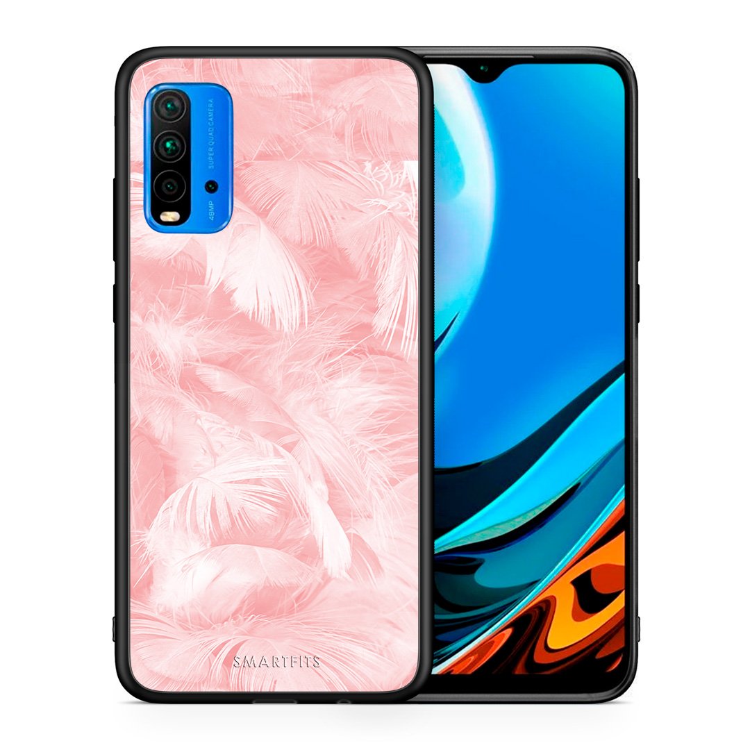 Θήκη Xiaomi Redmi 9T Pink Feather Boho από τη Smartfits με σχέδιο στο πίσω μέρος και μαύρο περίβλημα | Xiaomi Redmi 9T Pink Feather Boho case with colorful back and black bezels