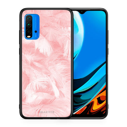 Θήκη Xiaomi Redmi 9T Pink Feather Boho από τη Smartfits με σχέδιο στο πίσω μέρος και μαύρο περίβλημα | Xiaomi Redmi 9T Pink Feather Boho case with colorful back and black bezels