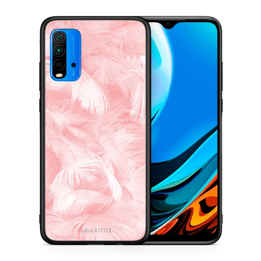 Θήκη Xiaomi Poco M3 Pink Feather Boho από τη Smartfits με σχέδιο στο πίσω μέρος και μαύρο περίβλημα | Xiaomi Poco M3 Pink Feather Boho case with colorful back and black bezels