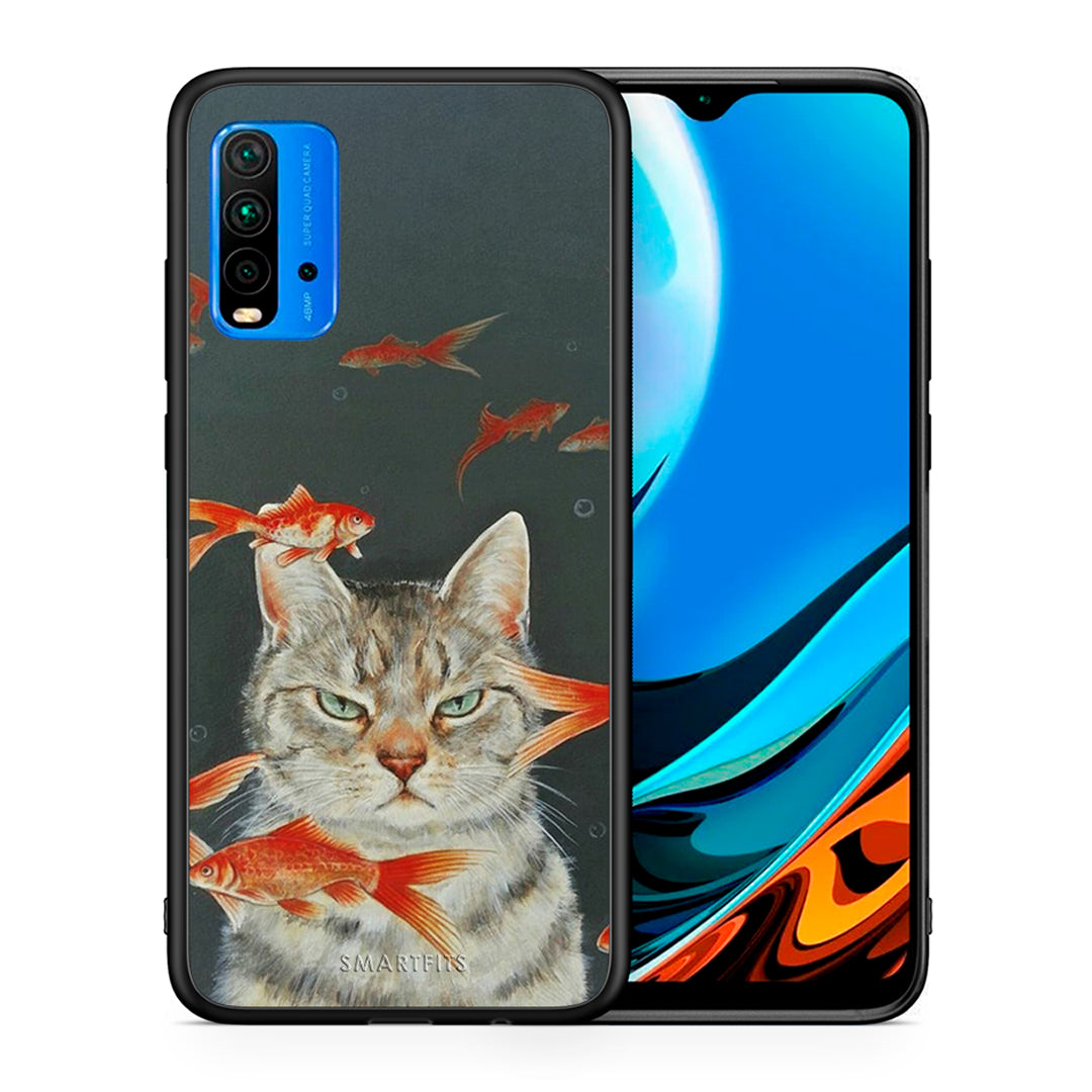 Θήκη Xiaomi Poco M3 Cat Goldfish από τη Smartfits με σχέδιο στο πίσω μέρος και μαύρο περίβλημα | Xiaomi Poco M3 Cat Goldfish case with colorful back and black bezels