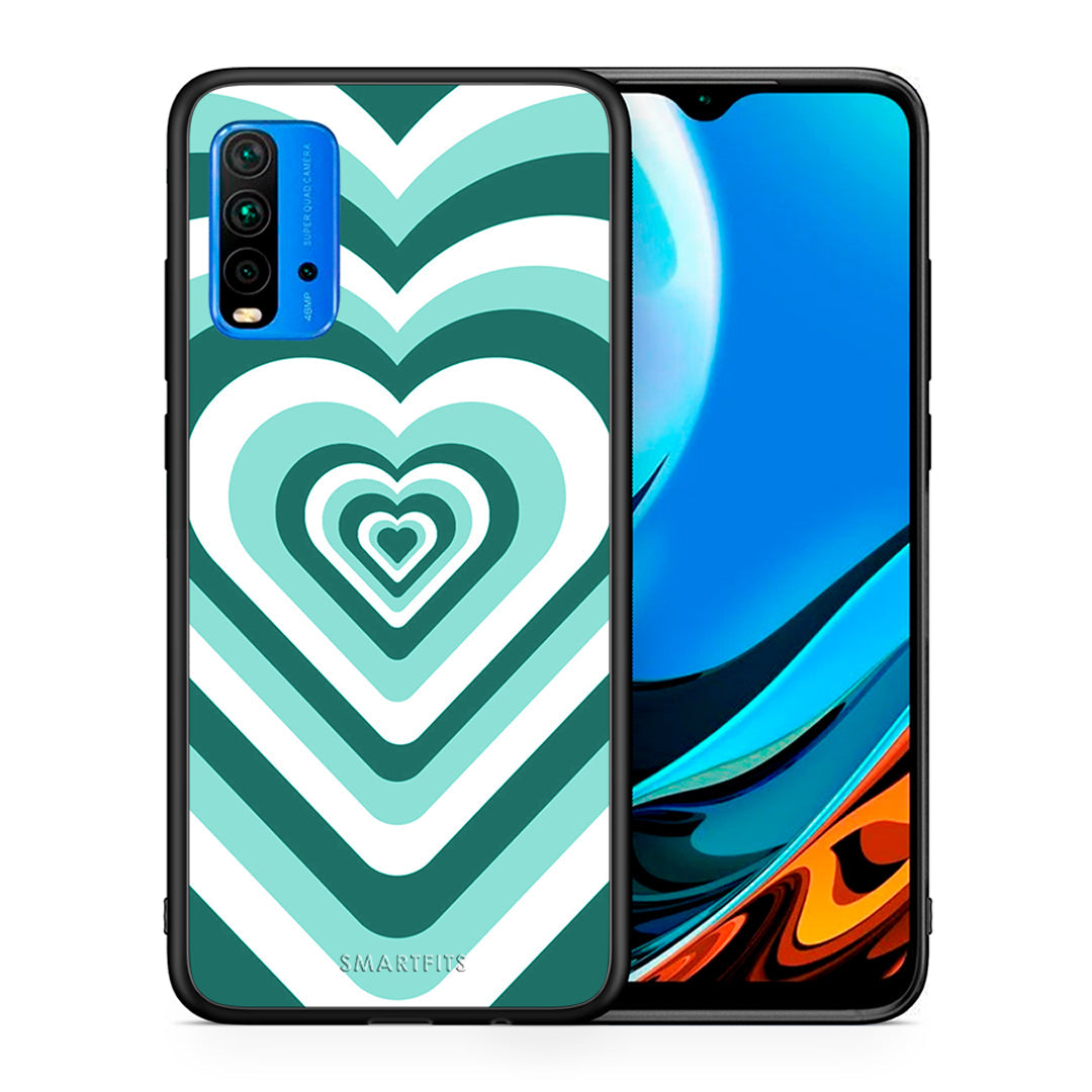 Θήκη Xiaomi Redmi 9T Green Hearts από τη Smartfits με σχέδιο στο πίσω μέρος και μαύρο περίβλημα | Xiaomi Redmi 9T Green Hearts case with colorful back and black bezels