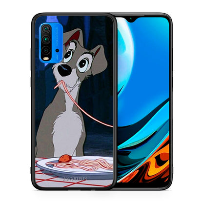 Θήκη Αγίου Βαλεντίνου Xiaomi Poco M3 Lady And Tramp 1 από τη Smartfits με σχέδιο στο πίσω μέρος και μαύρο περίβλημα | Xiaomi Poco M3 Lady And Tramp 1 case with colorful back and black bezels