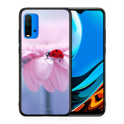 Θήκη Xiaomi Redmi 9T Ladybug Flower από τη Smartfits με σχέδιο στο πίσω μέρος και μαύρο περίβλημα | Xiaomi Redmi 9T Ladybug Flower case with colorful back and black bezels