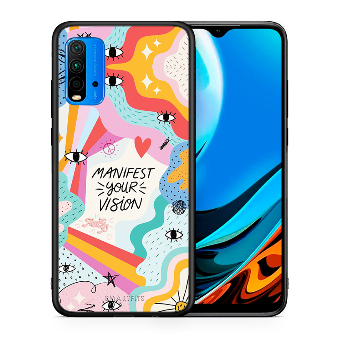 Θήκη Xiaomi Redmi 9T Manifest Your Vision από τη Smartfits με σχέδιο στο πίσω μέρος και μαύρο περίβλημα | Xiaomi Redmi 9T Manifest Your Vision case with colorful back and black bezels