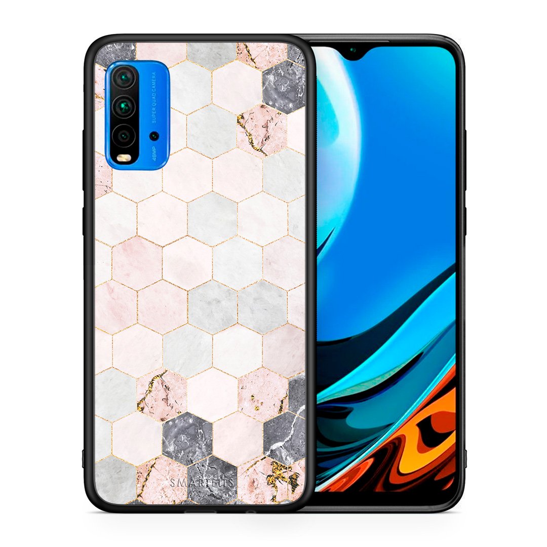 Θήκη Xiaomi Redmi 9T Hexagon Pink Marble από τη Smartfits με σχέδιο στο πίσω μέρος και μαύρο περίβλημα | Xiaomi Redmi 9T Hexagon Pink Marble case with colorful back and black bezels