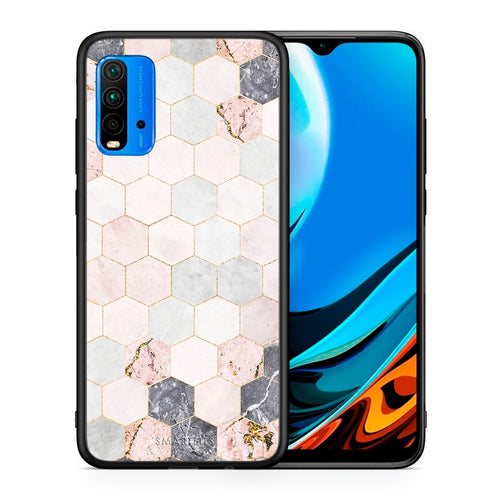Θήκη Xiaomi Redmi 9T Hexagon Pink Marble από τη Smartfits με σχέδιο στο πίσω μέρος και μαύρο περίβλημα | Xiaomi Redmi 9T Hexagon Pink Marble case with colorful back and black bezels
