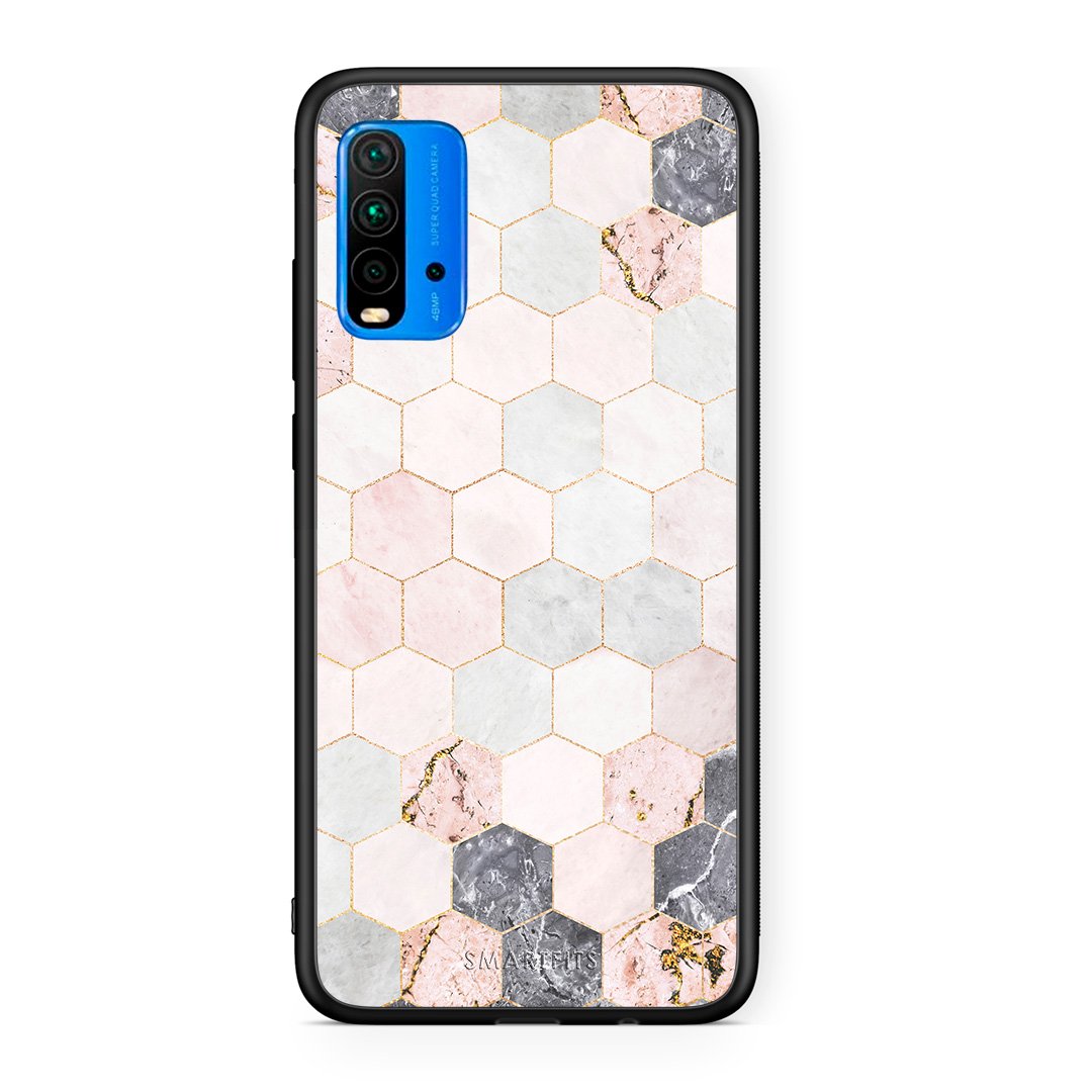 4 - Xiaomi Redmi 9T Hexagon Pink Marble case, cover, bumper