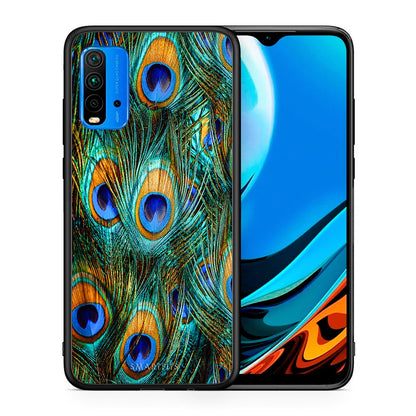 Θήκη Xiaomi Redmi 9T Real Peacock Feathers από τη Smartfits με σχέδιο στο πίσω μέρος και μαύρο περίβλημα | Xiaomi Redmi 9T Real Peacock Feathers case with colorful back and black bezels